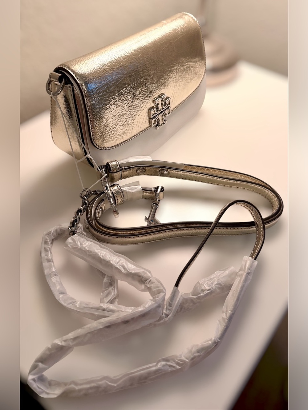 Tory Burch Britten Metallic Convertible Crossbody Spark Gold NWT